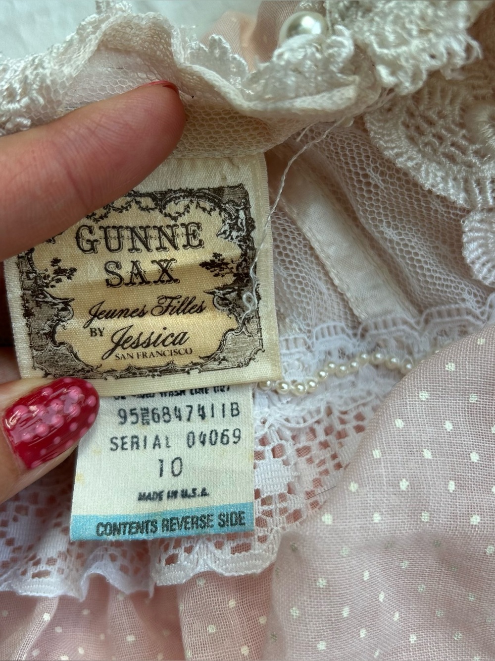 Gunne Sax Pink Polka Dot Lace Dress with Pearl Trim High Victorian Neckline - Picture 4 of 9